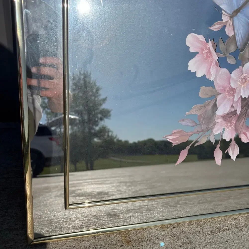 Vtg MCM Gold Framed Mirror Butterflies Flowers 22x28” ‘80s Marsel Hollywood Reg.